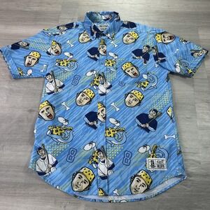 RSVLTS Shirt Mens Large Blue Baseball MLBPA Graphic Dino Dinosaur Button Up